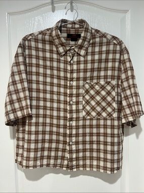 Zara Brown and Cream Plaid Short-Sleeve Cropped Button-Down Shirt